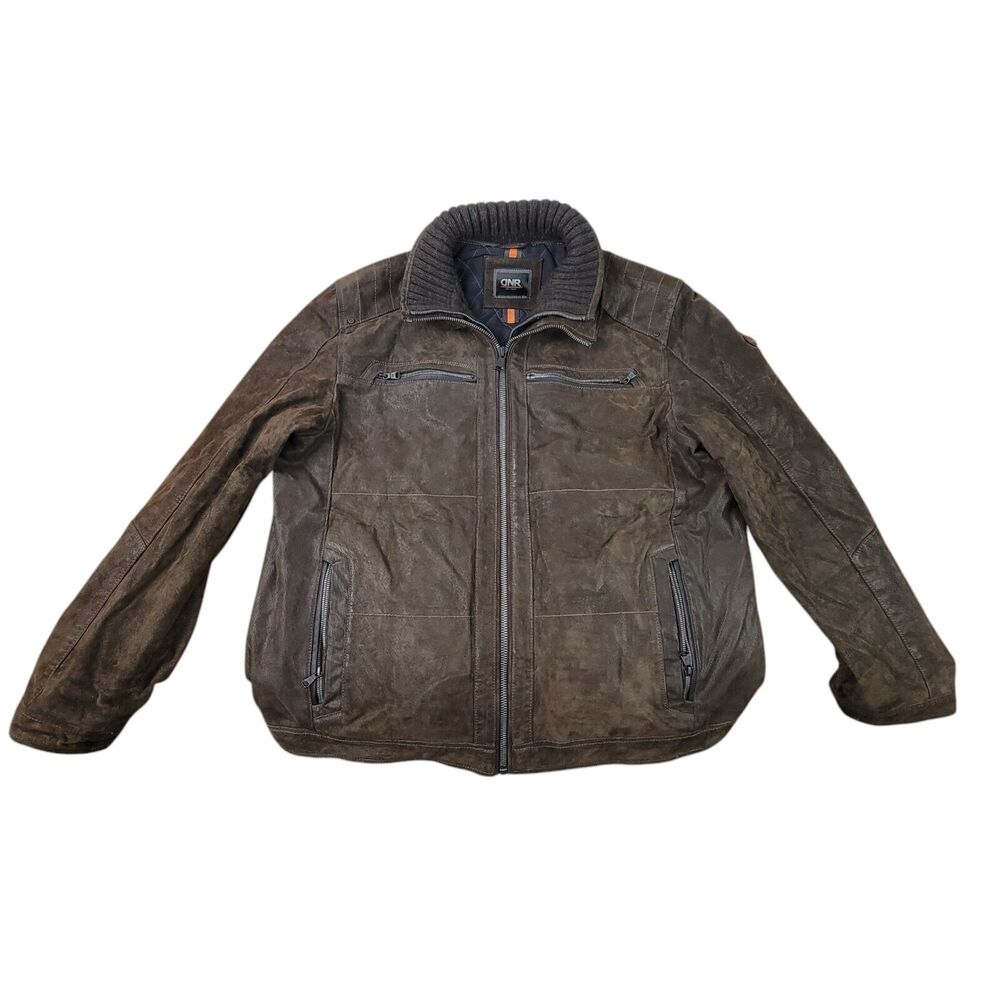 DNR Leather Biker Jacket Suede Brown Removable Liner Collar Size 60 Men Full Zip